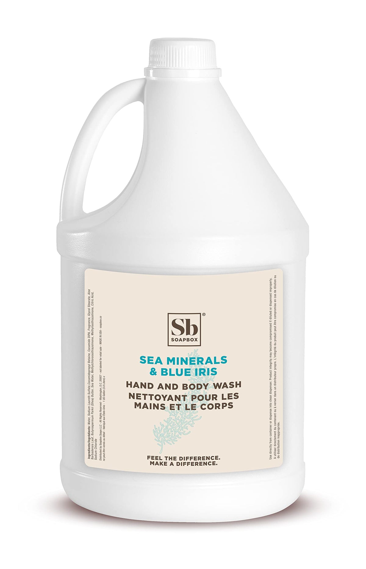 Soapbox front label showing sea minerals and blue iris benefits