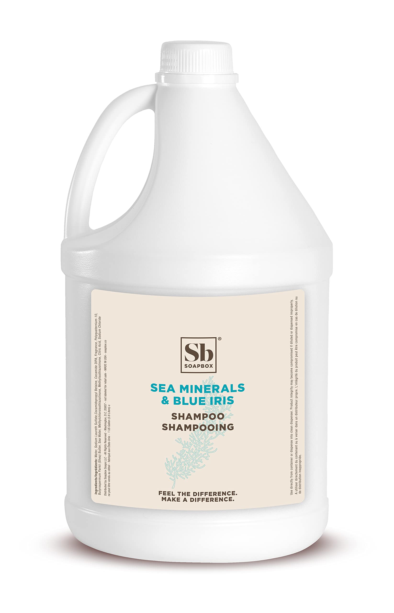 Soapbox gallon front label showing scent and benefits for easy identification