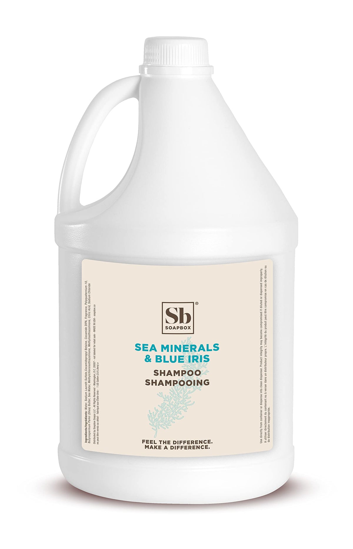 Soapbox gallon front label showing scent and benefits for easy identification