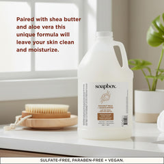 Soapbox gallon beside a hand for scale to show the 128oz supply