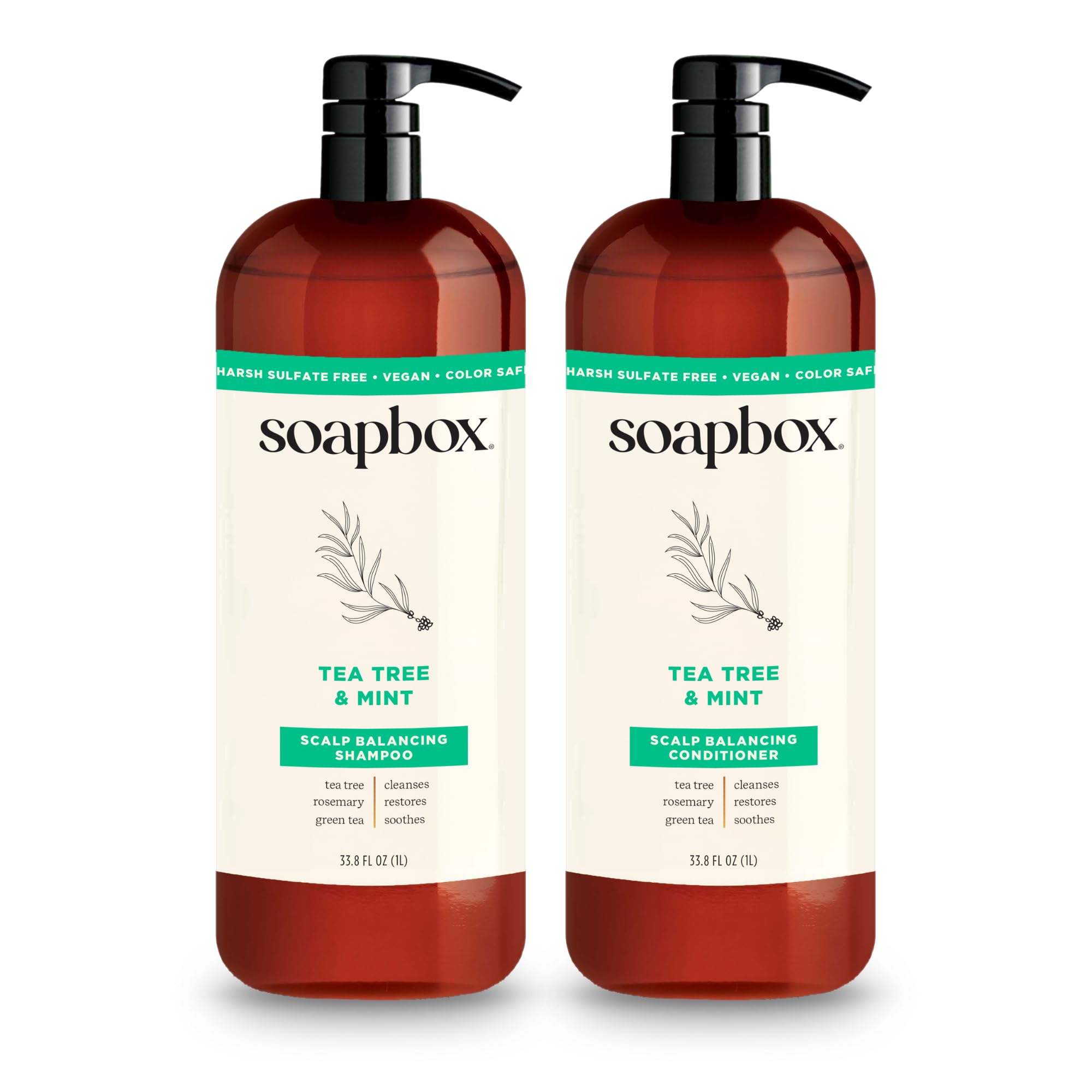 Soapbox front packaging showing 1L shampoo and conditioner, clear product benefits