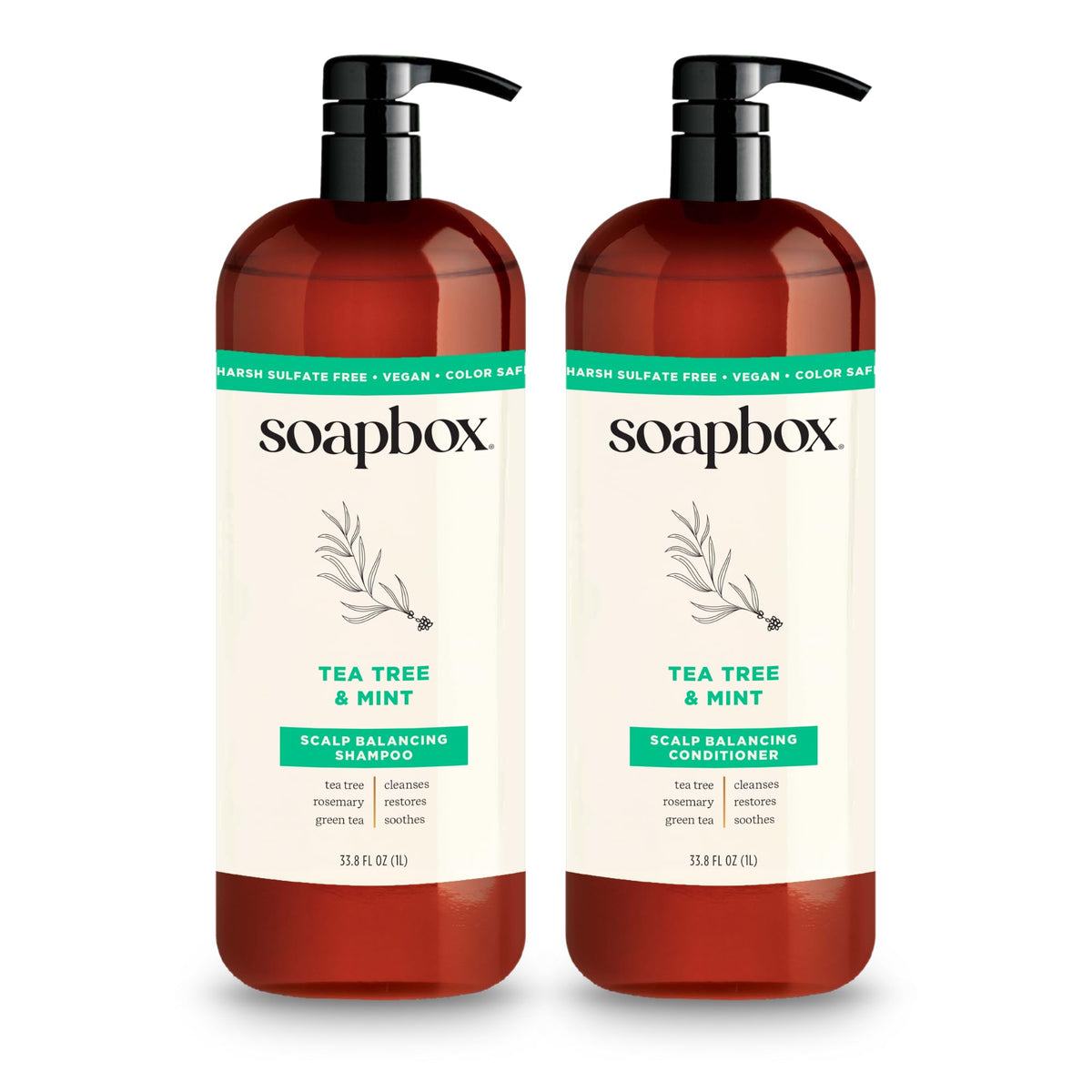 Soapbox front packaging showing 1L shampoo and conditioner, clear product benefits