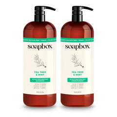 Soapbox front packaging showing 1L shampoo and conditioner, clear product benefits
