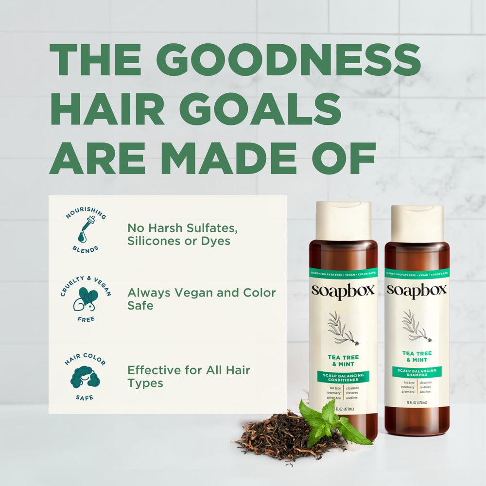 Soapbox ingredient display with mint and tea tree, natural extracts for balancing