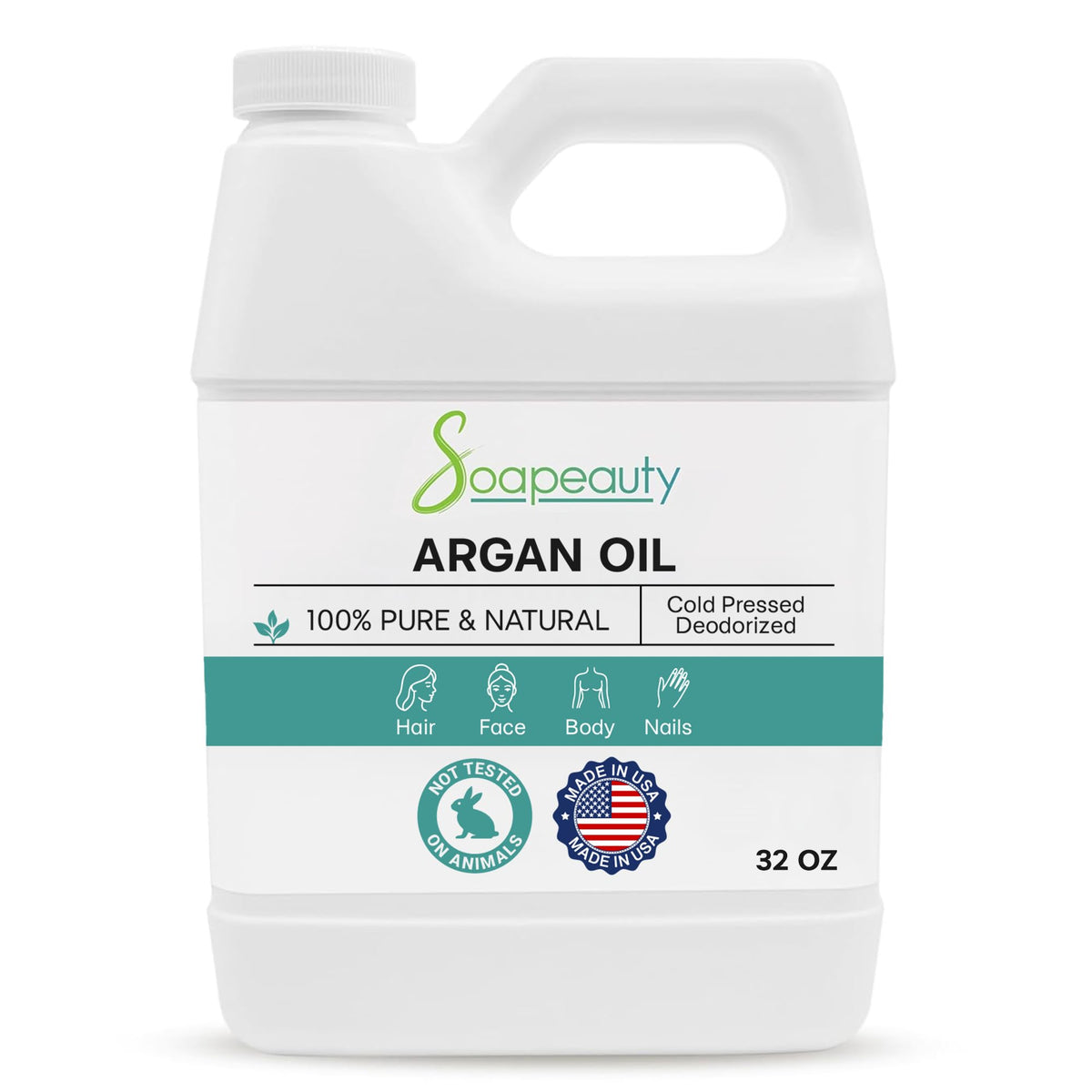 Soapeauty argan oil bottle front showing label and large 32 fl oz size for value