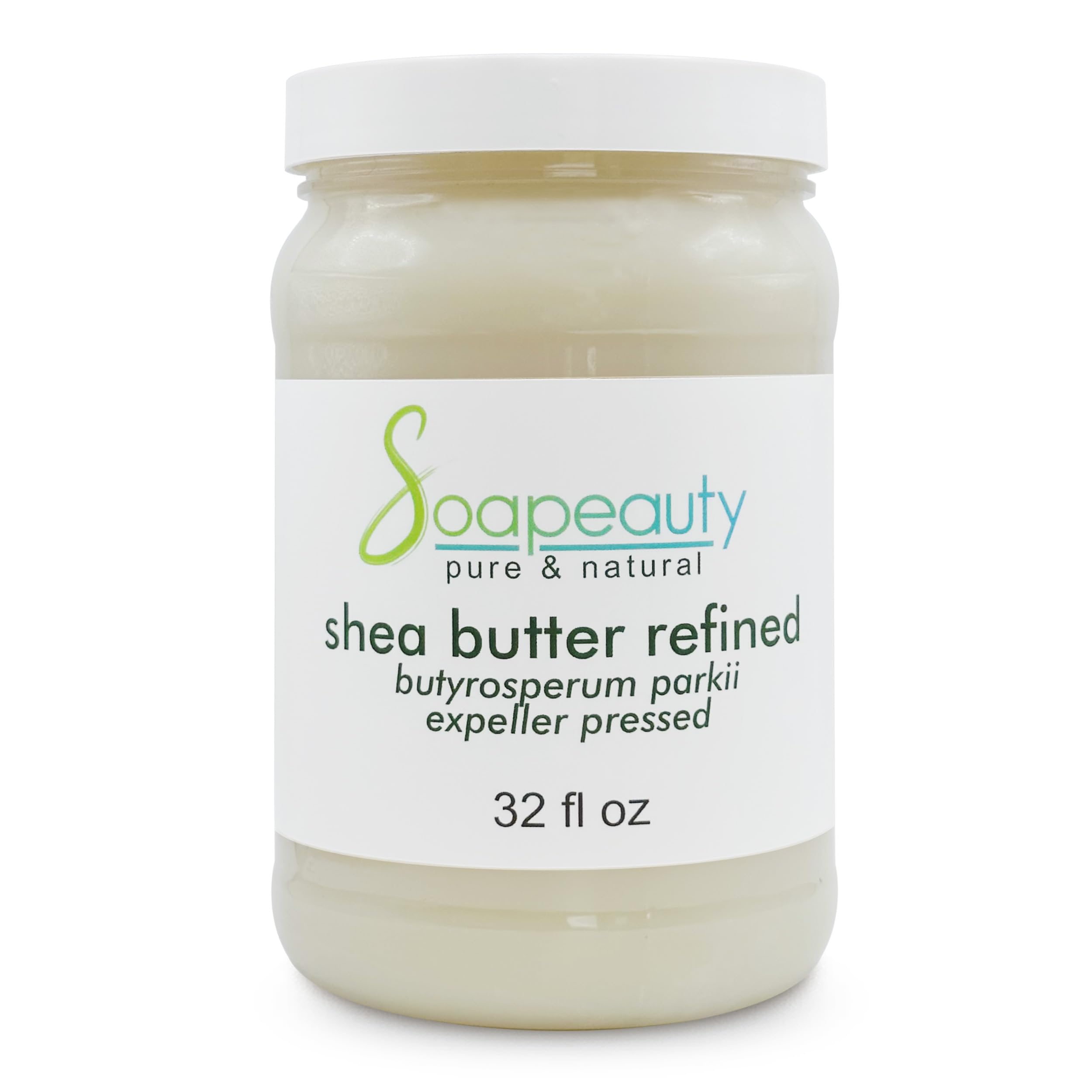 Soapeauty front jar showing 32 oz container and pure refined shea butter benefit