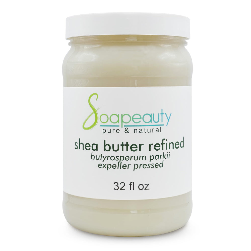 Soapeauty front jar showing 32 oz container and pure refined shea butter benefit