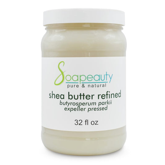 Soapeauty front jar showing 32 oz container and pure refined shea butter benefit