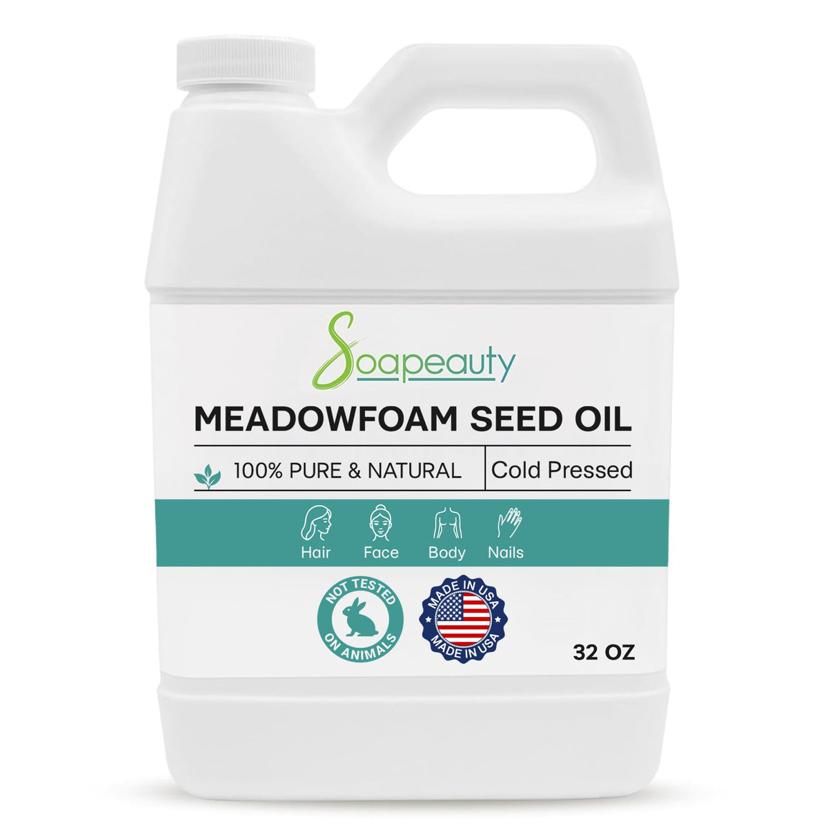 Soapeauty bottle front view highlighting pure meadowfoam seed oil and clean packaging benefit