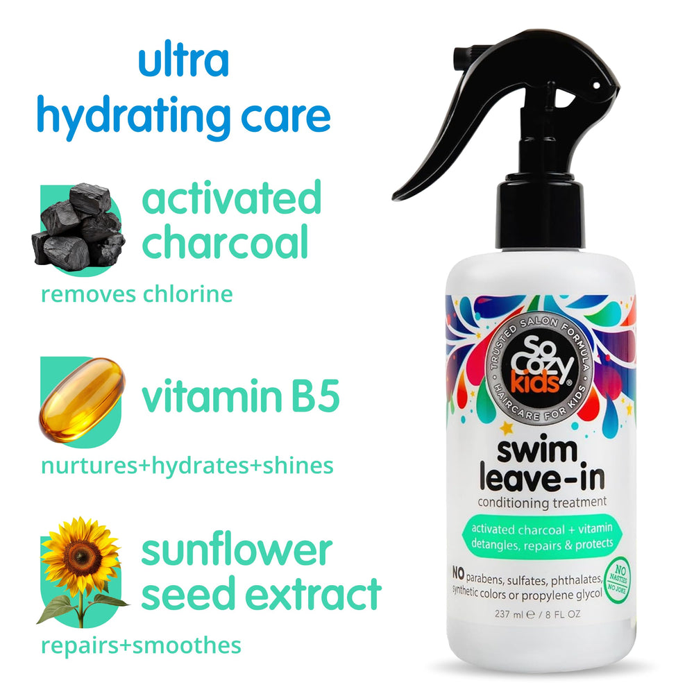 SoCozy child applying spray poolside helping detangle hair after swimming