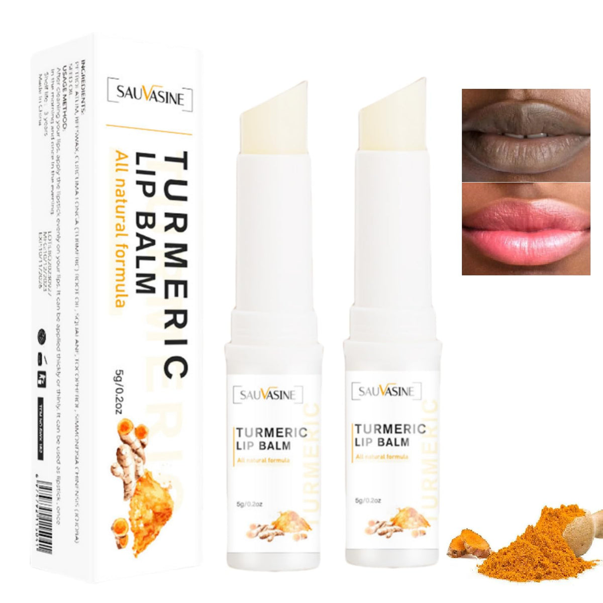 Soelegant front packaging showing the two-piece turmeric lip set and compact design
