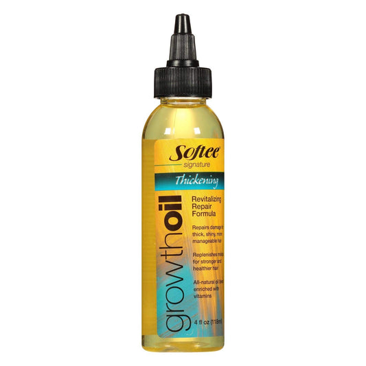 Softee front bottle image showing product and glossy thicker-hair benefit