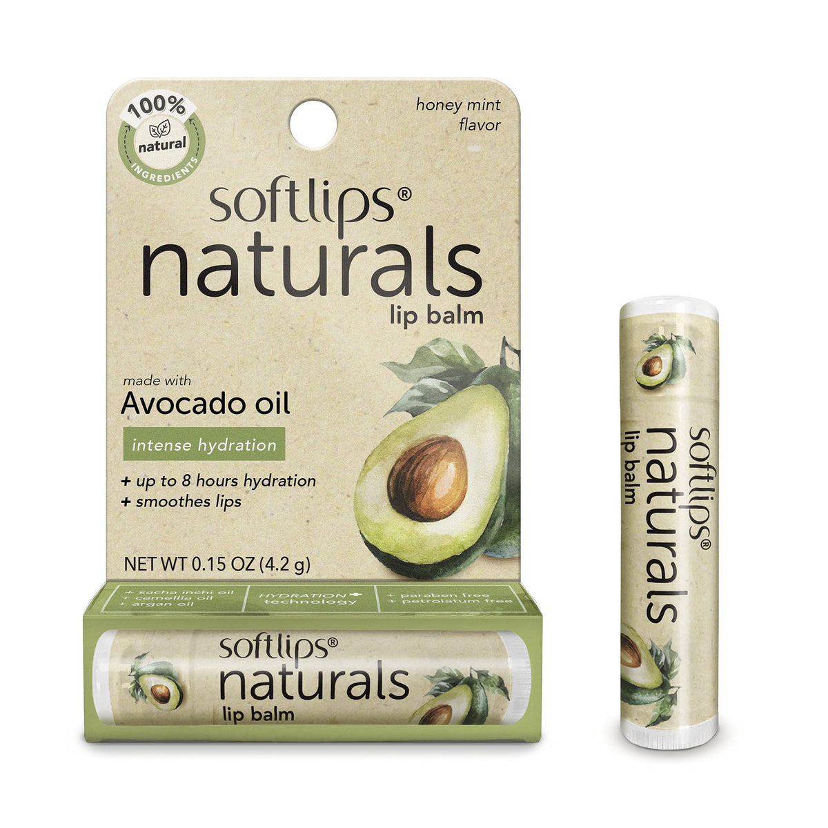 SoftLips front packaging showing three tubes and recycled carton, convenient hydration