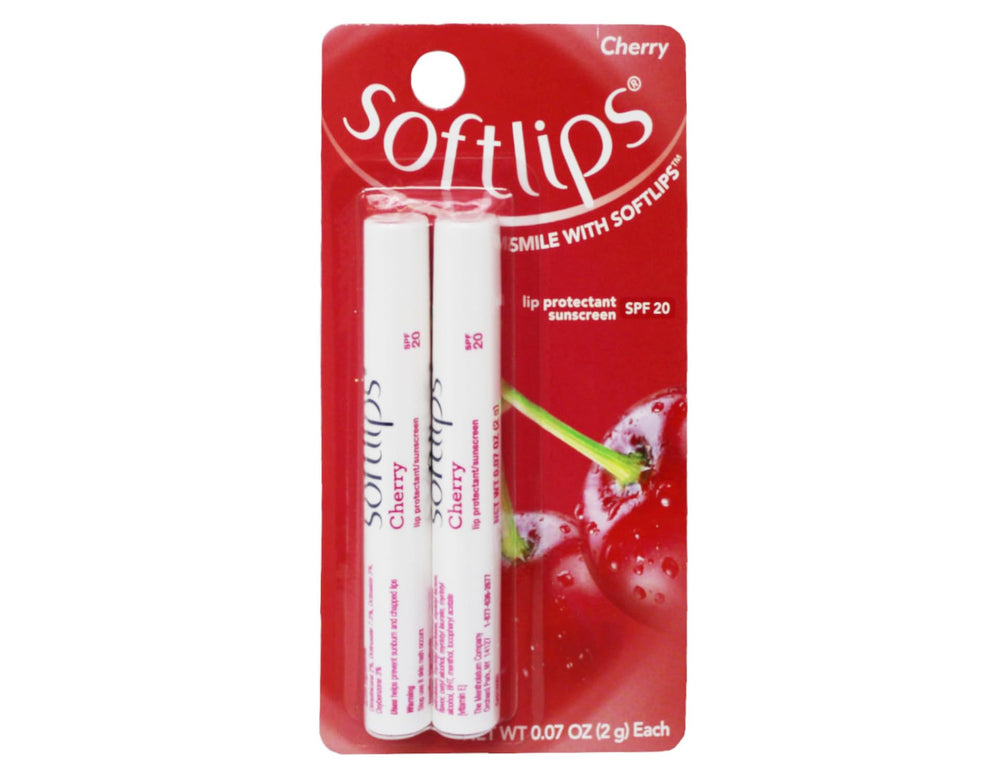 SoftLips cherry twinpack front packaging showing two sticks and benefit of convenience