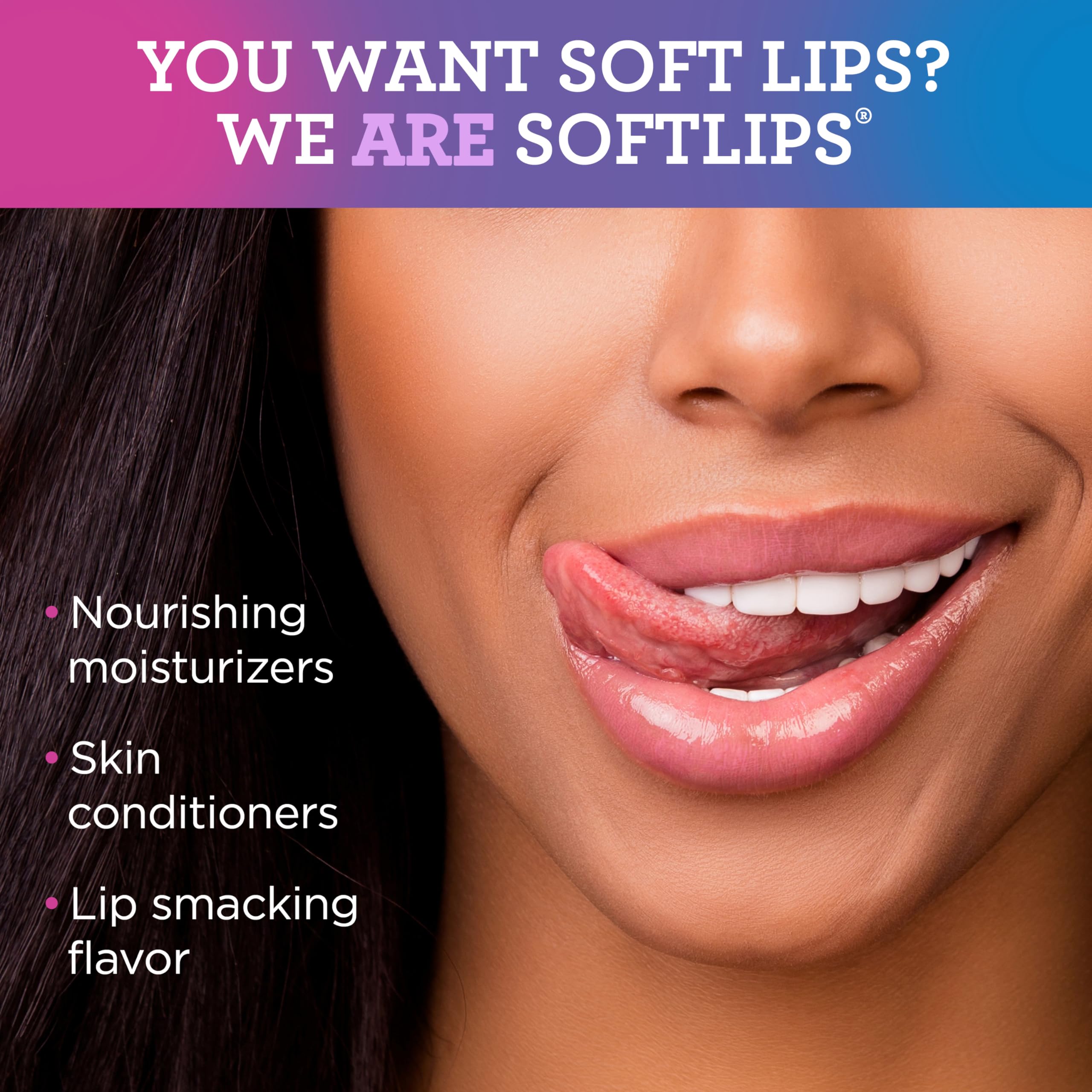 Softlips single stick close-up showing smooth-glide tip and portable slim design benefit