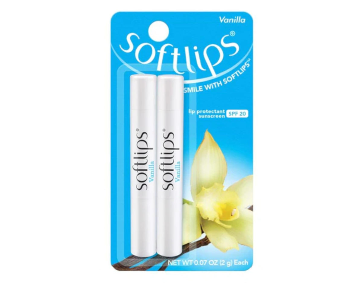 SoftLips front packaging showing two vanilla SPF 20 tubes and benefits