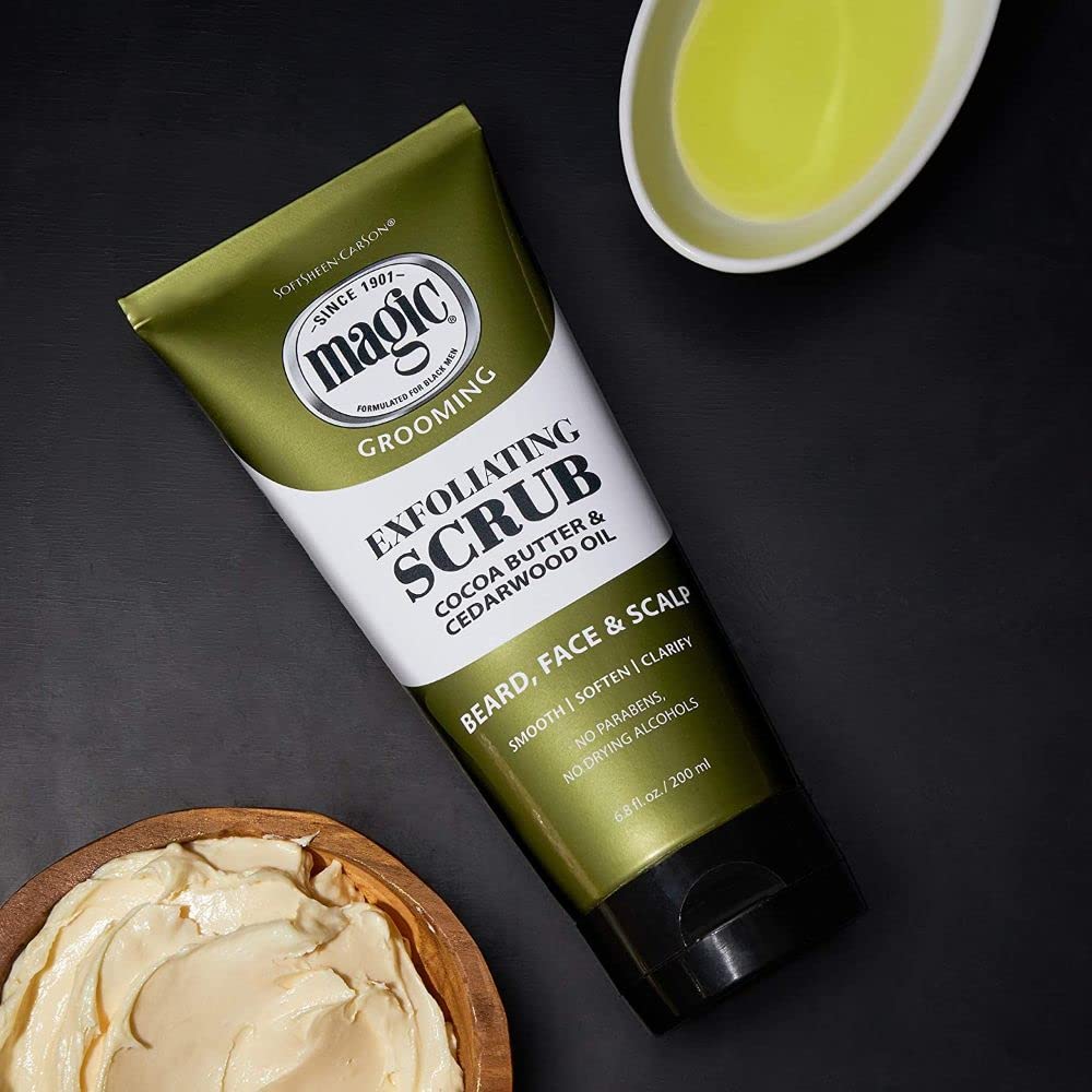 SoftSheen Magic scrub ingredients label showing cocoa and cedarwood