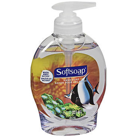 Softsoap front-facing bottle showing label and convenient squeeze for quick handwashing