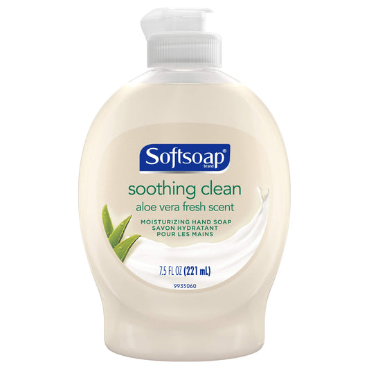 Softsoap front bottle showing aloe vera scent and flip-top for easy moisturizing wash