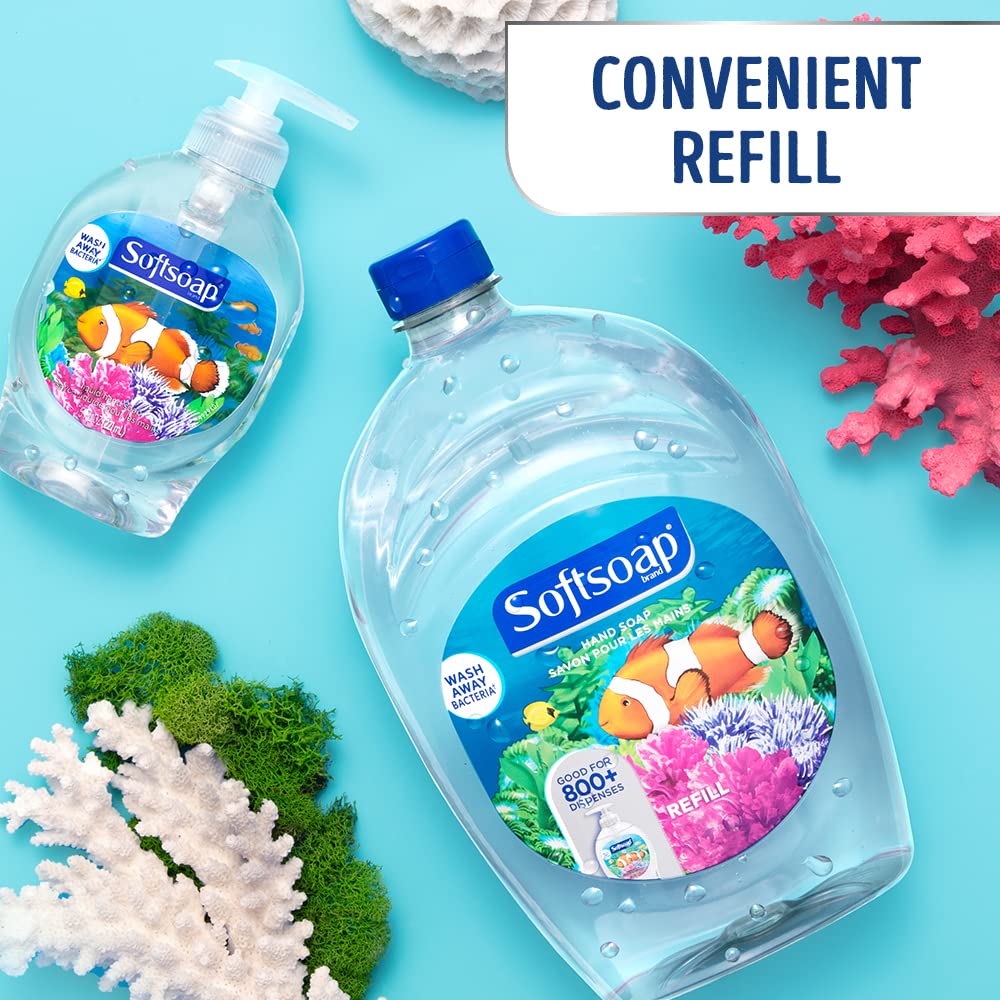 Softsoap on a bathroom counter with hand towel, adds cheerful sink decor