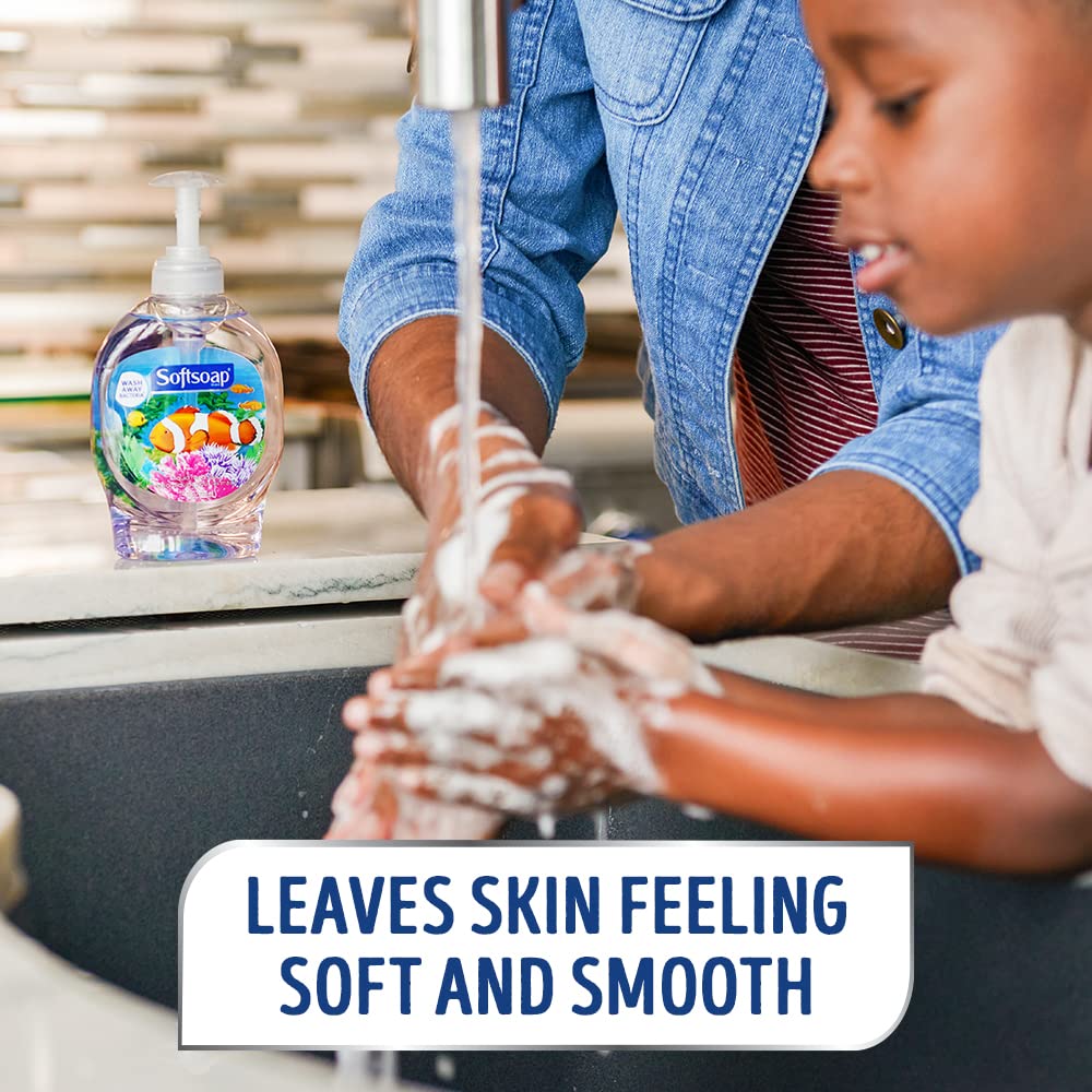Softsoap bottle beside a smartphone showing 7.5 fl oz scale, clear size reference