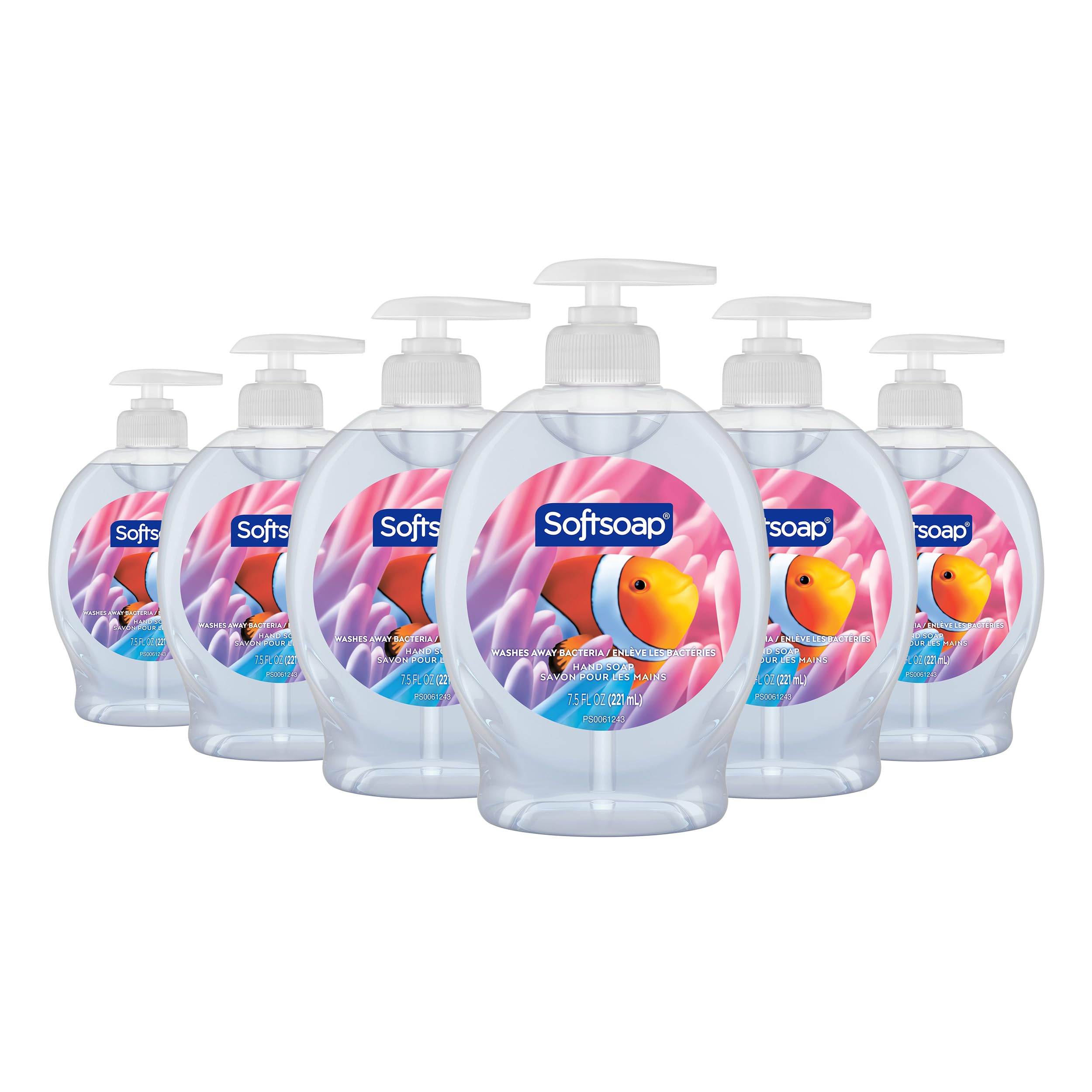 Softsoap front packaging showing aquarium designs and volume, clear and inviting