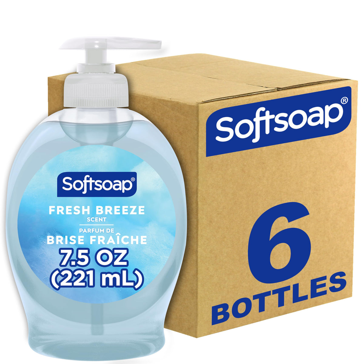 Softsoap front pack showing bottle and fresh breeze scent benefit