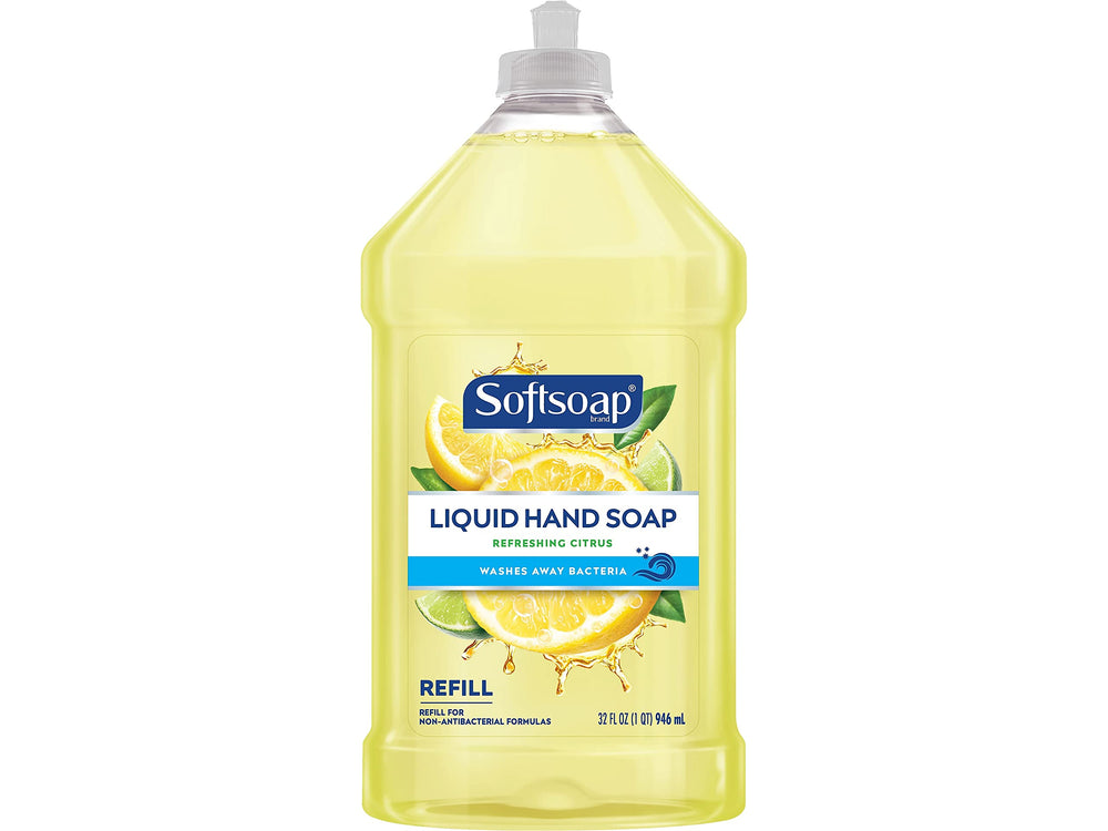 Softsoap front label on 32oz bottle showing lemon scent and refill benefit