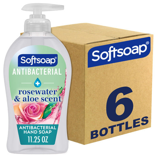 Softsoap front packaging showing rosewater and aloe and clear bottle benefit