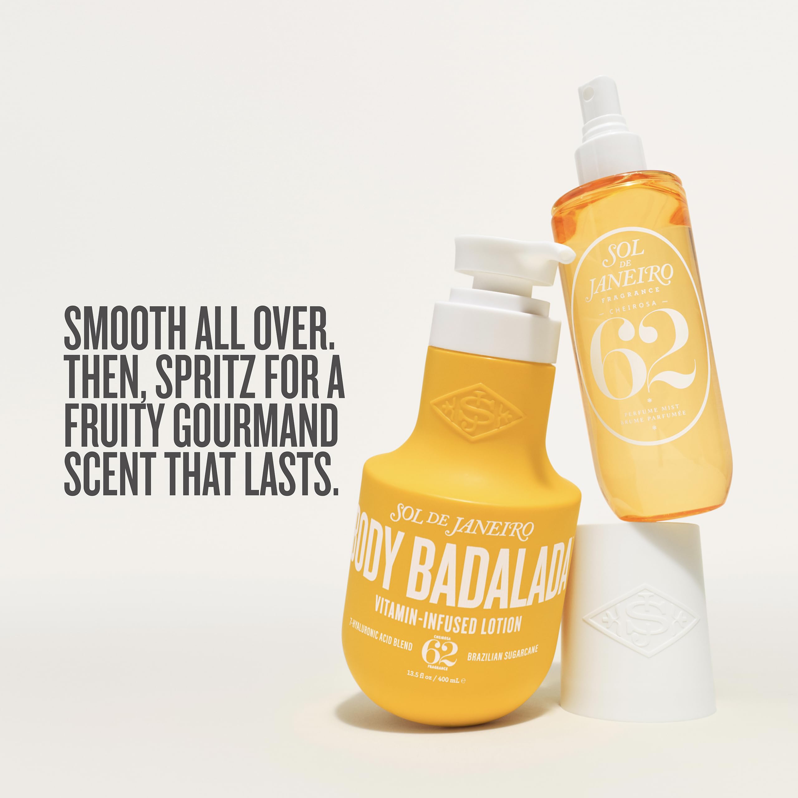 Sol de Janeiro products styled on a sunny beach setting evoking warm gourmand scent