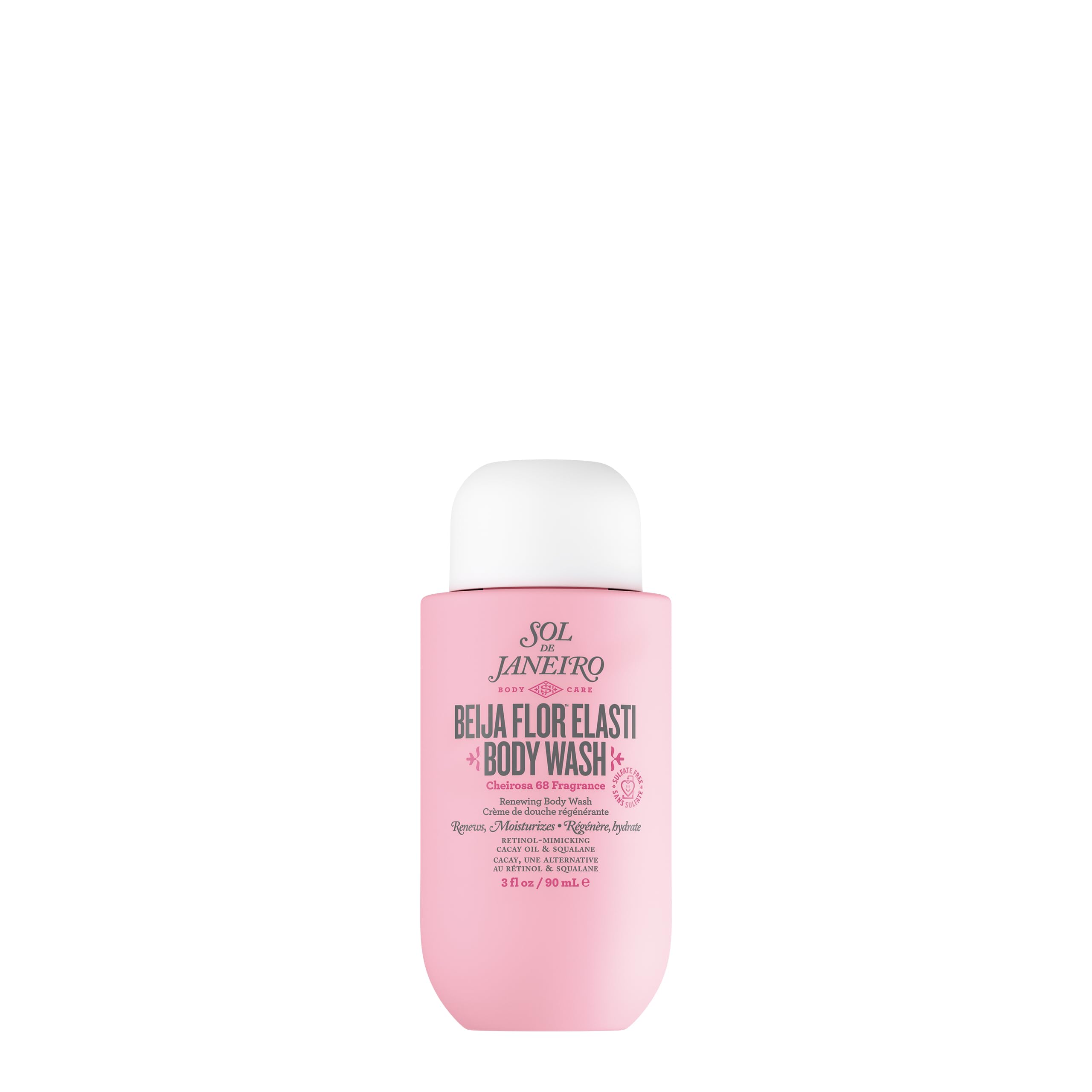 Sol de Janeiro bottle front view showing Beija Flor Body Wash, travel-friendly and vibrant
