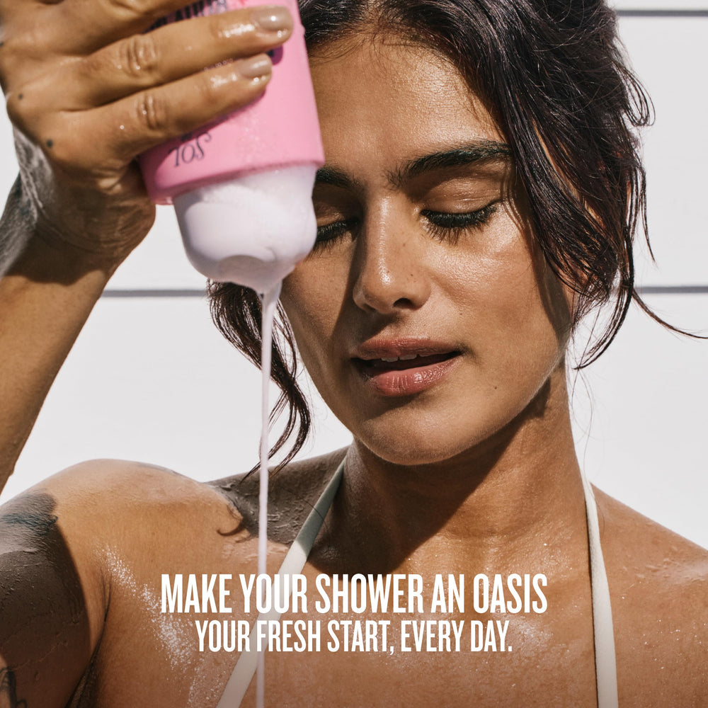 Sol de Janeiro in-shower lifestyle image using Beija Flor Body Wash for sensorial cleanse