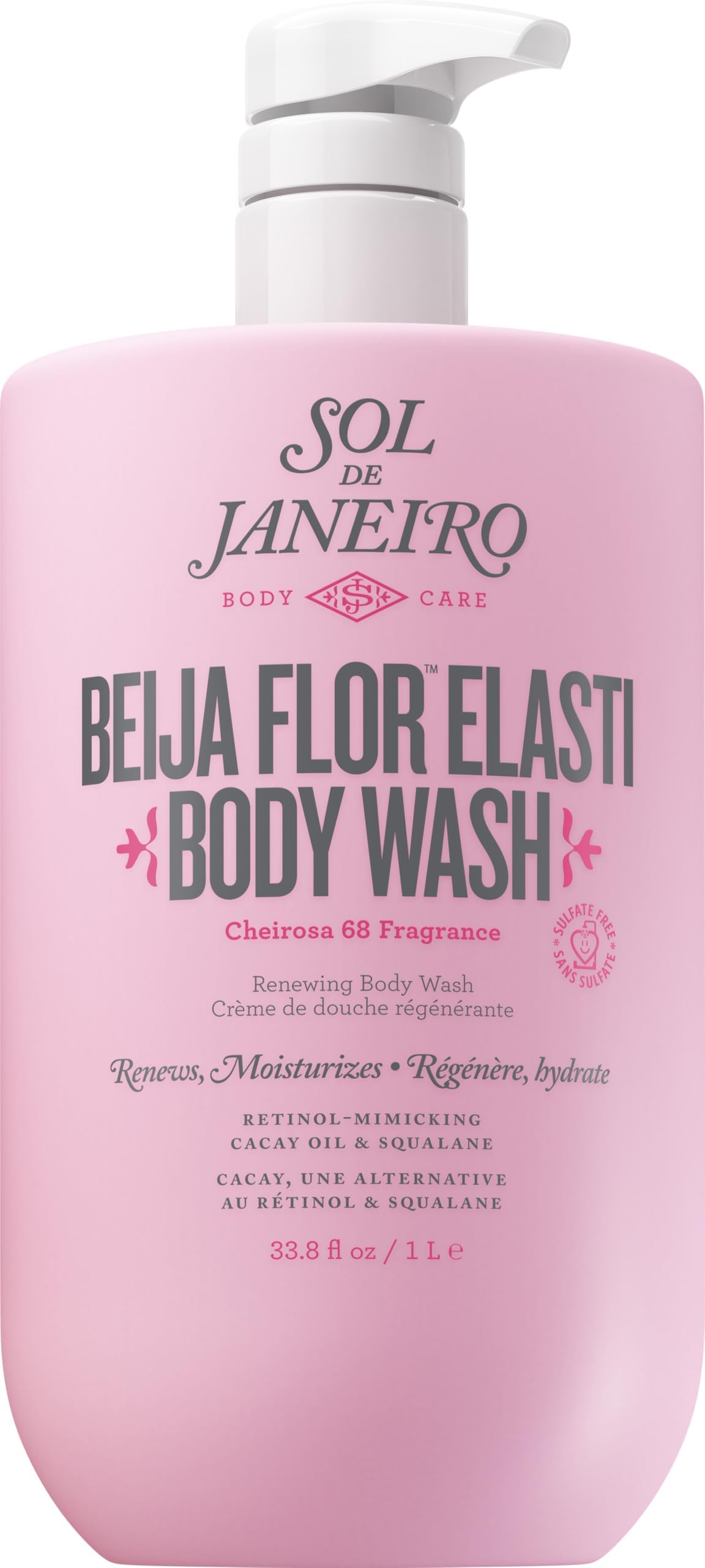 Sol de Janeiro front bottle showing 1L jumbo size and label, convenient refill benefit