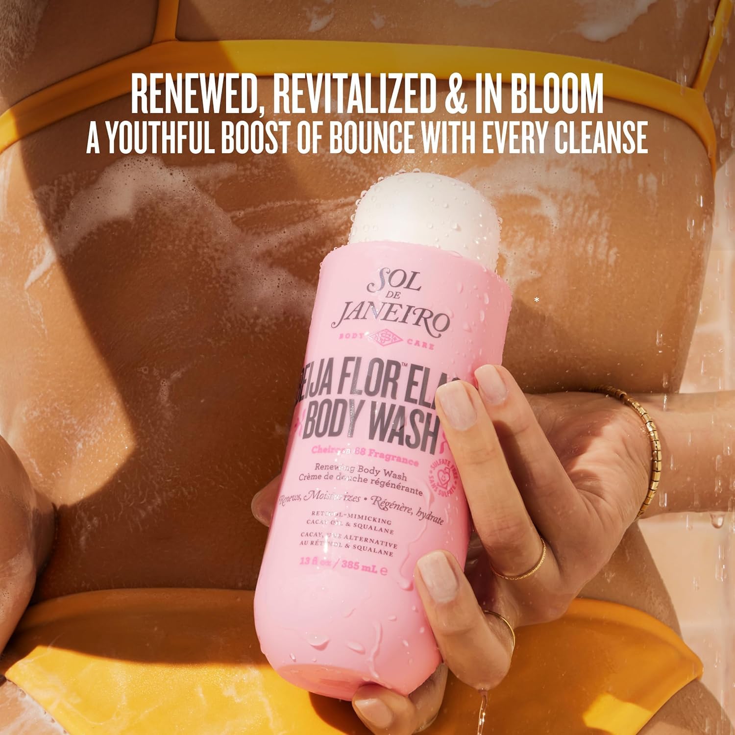 Sol de Janeiro Beija Flor lather detail highlighting elastic, supple-feeling skin benefit