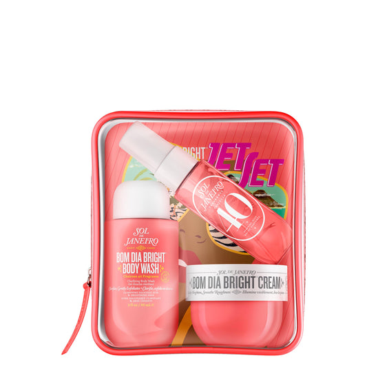 Sol de Janeiro front packaging showing travel brightening trio and portability benefits