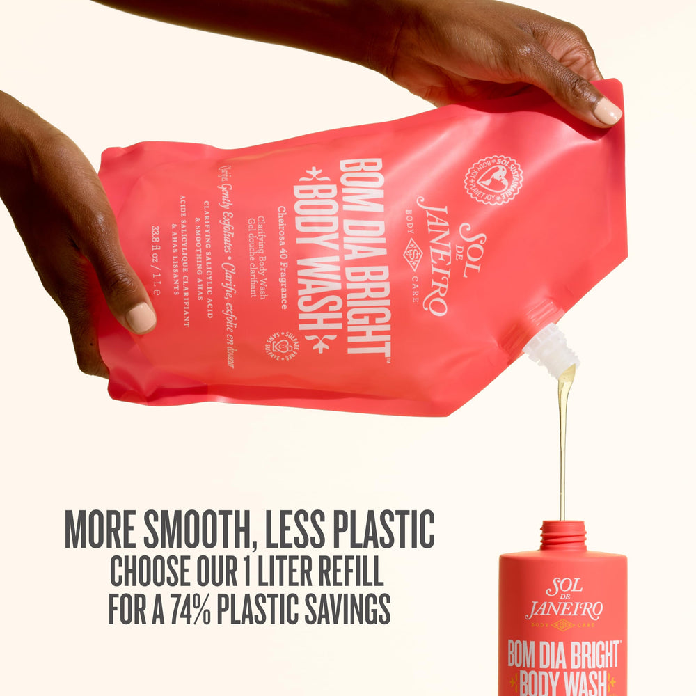 Sol de Janeiro refill pouch beside pump bottle for convenient refill use