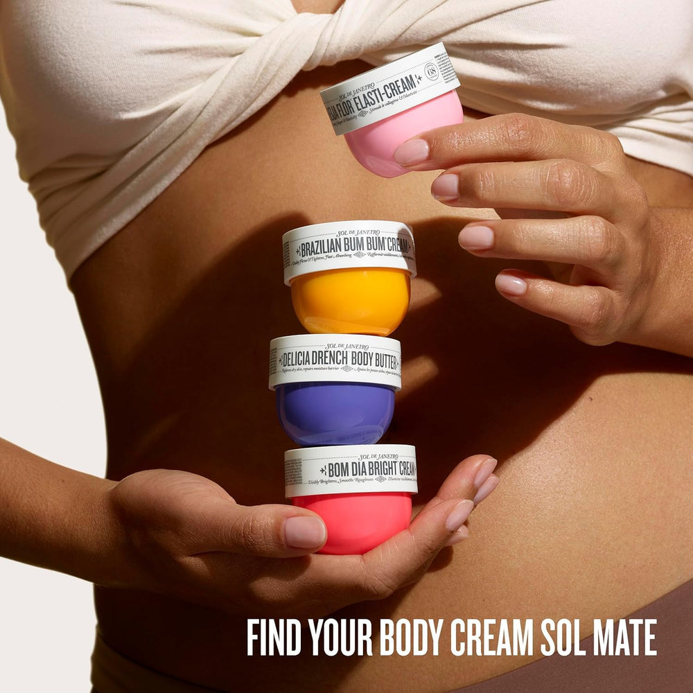 Sol de Janeiro Bom Dia pump and swatch, illustrates brightening, lightweight feel