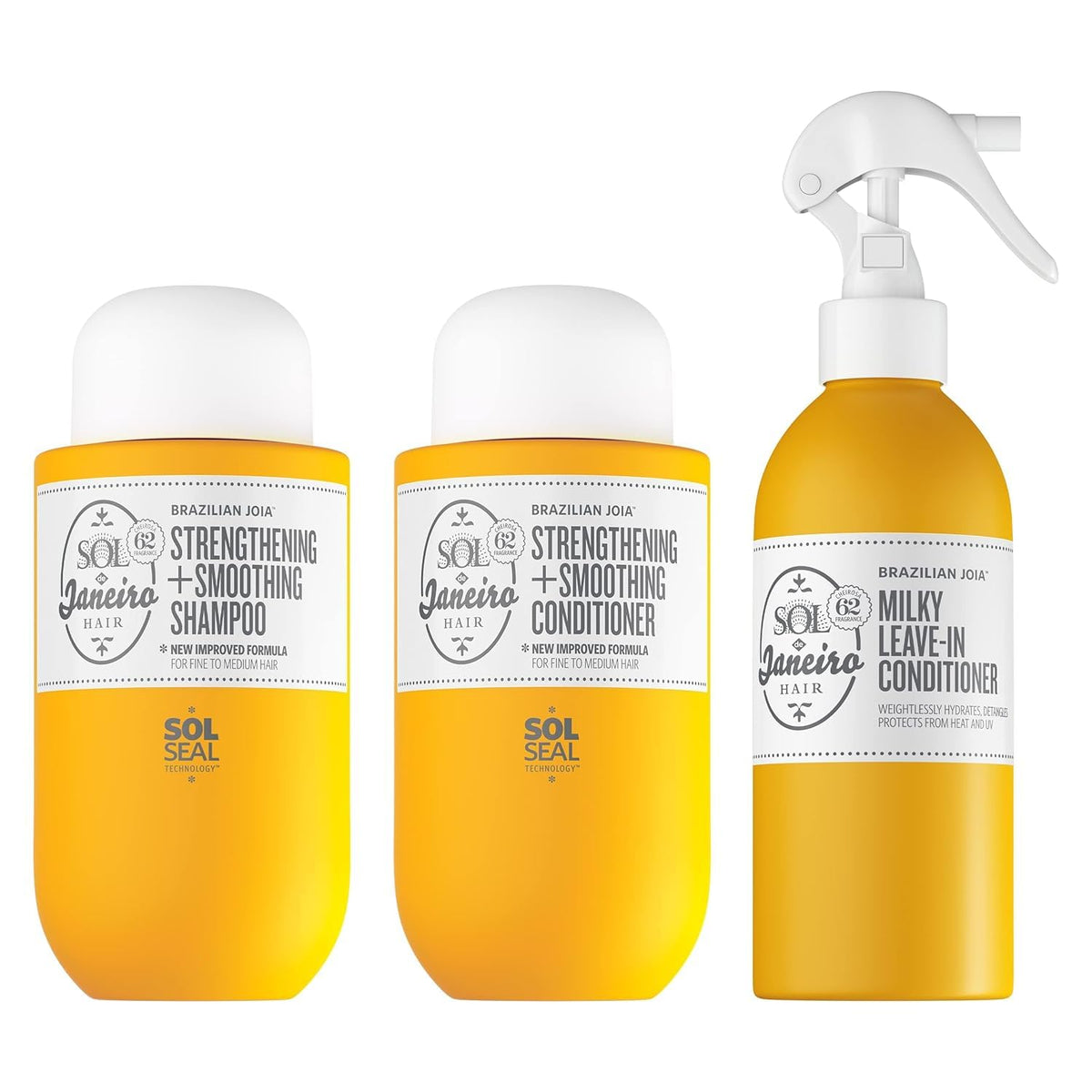Sol de Janeiro front packaging trio showing shampoo conditioner and leave-in benefits