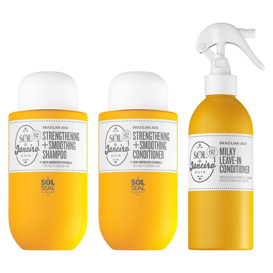 Sol de Janeiro front packaging trio showing shampoo conditioner and leave-in benefits