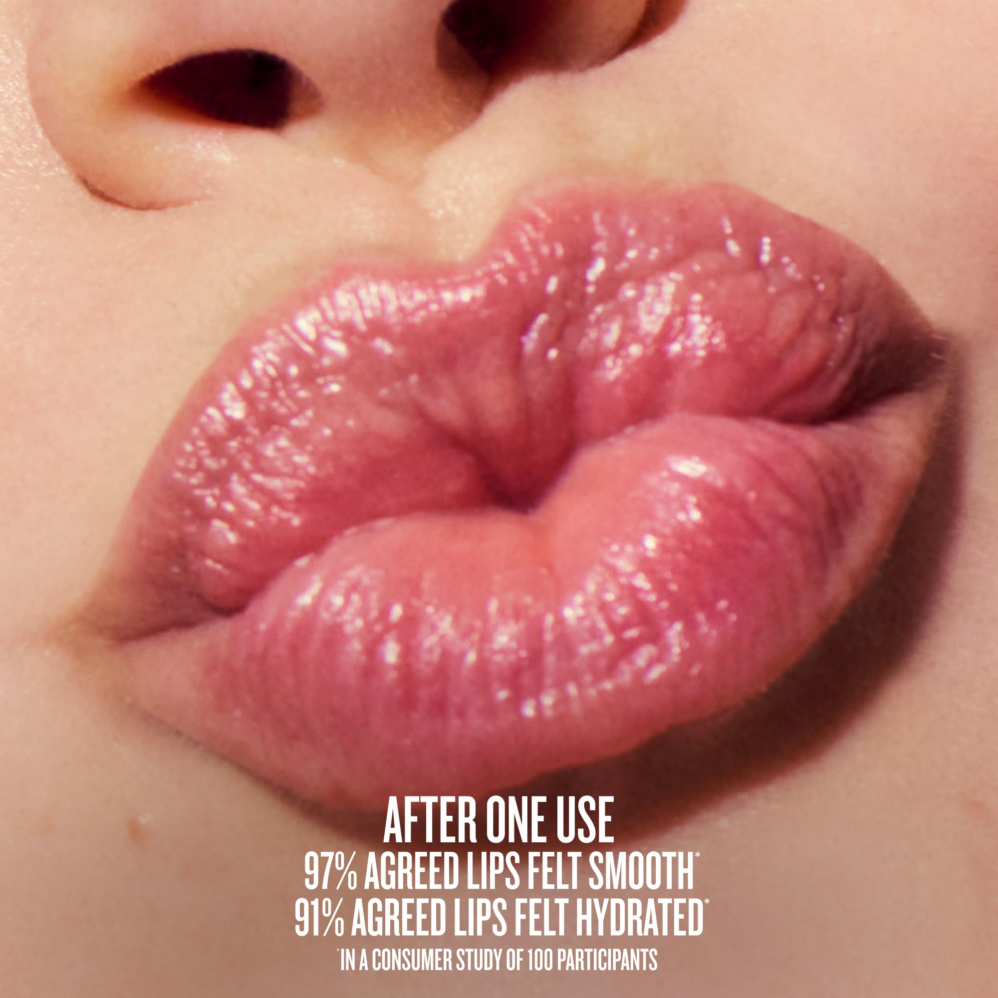 Sol de Janeiro applying balm on lips displaying instant smoothing and dewy shine benefit