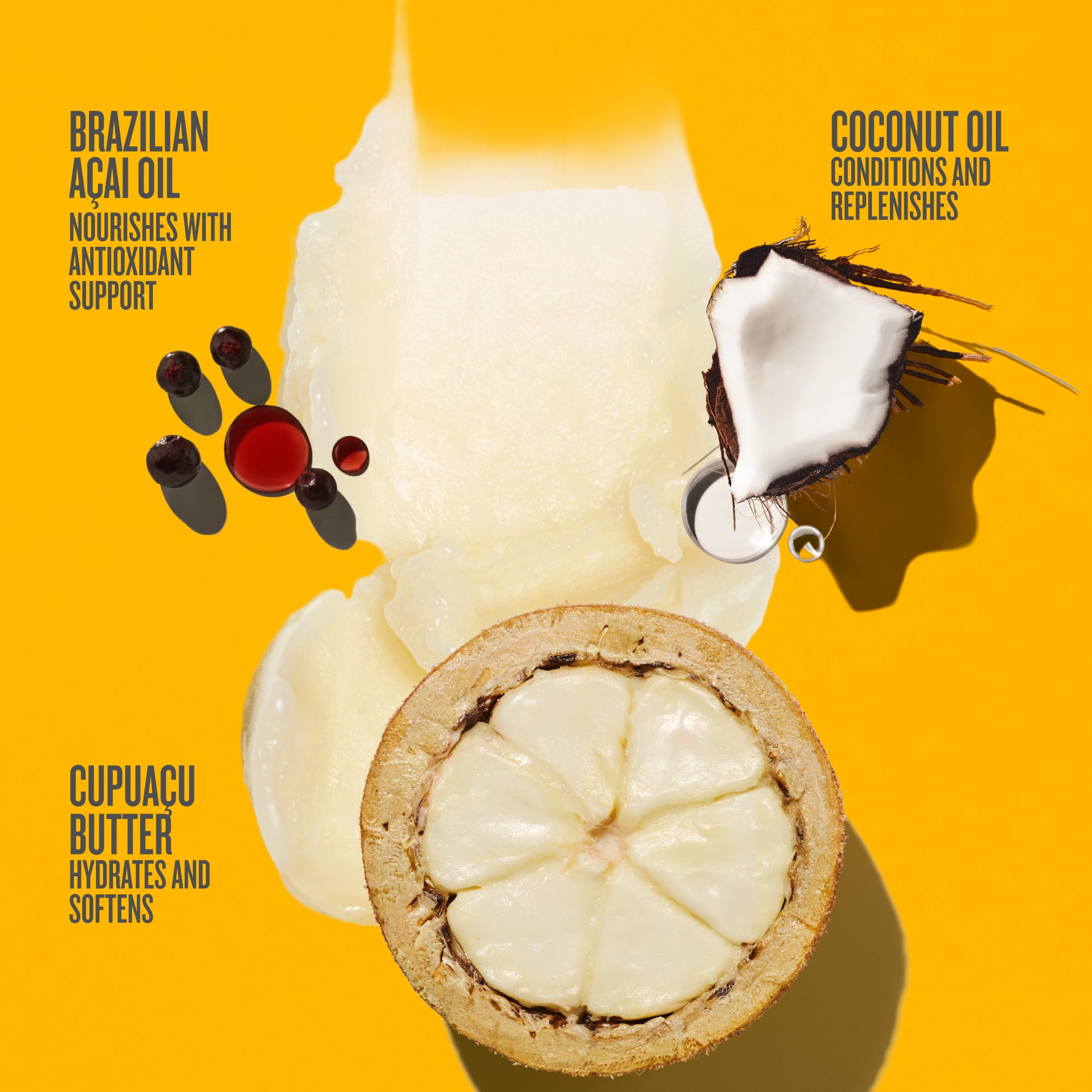 Sol de Janeiro ingredients display with cupuaçu, coconut, and açaí highlighting nourishing benefits
