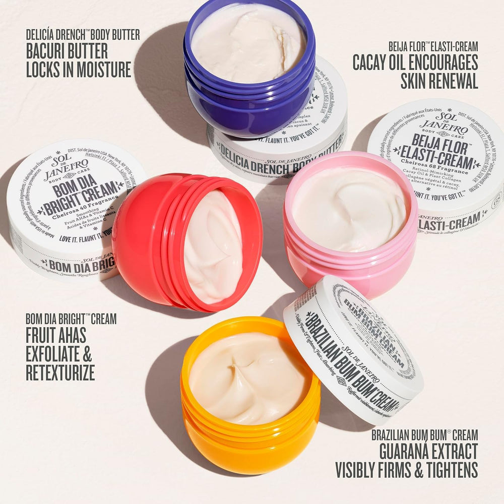 Sol de Janeiro Brazilian Bum Bum Cream close-up jar, highlights smoothing benefit