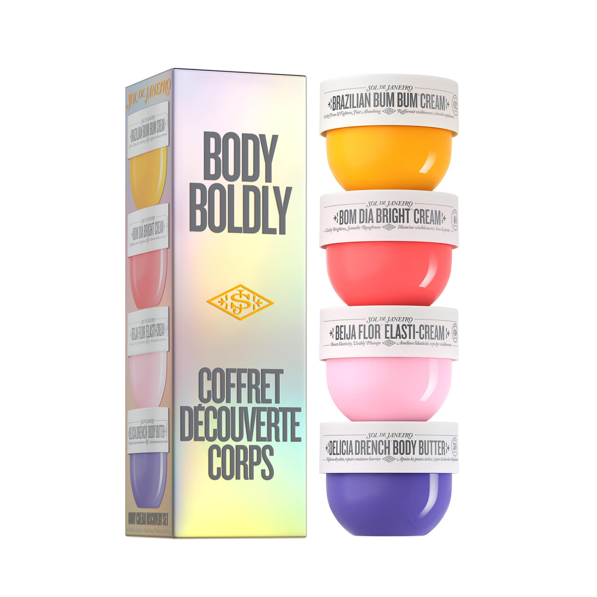 Sol de Janeiro discovery pack front packaging showing four minis, easy gifting