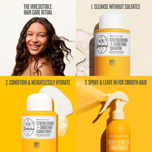 Sol de Janeiro Joia shampoo and conditioner bottles showing duo benefits