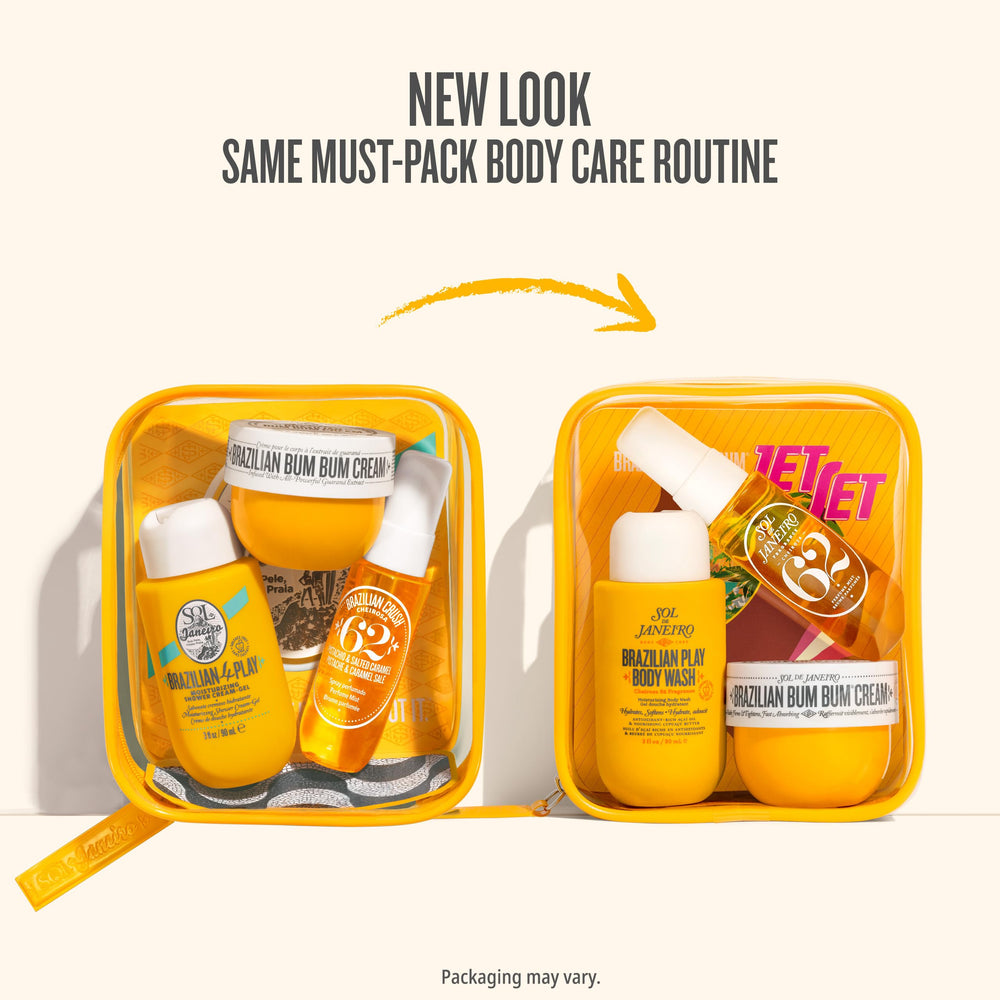 Sol de Janeiro trio staged in beach bag showing tropical-ready lifestyle appeal