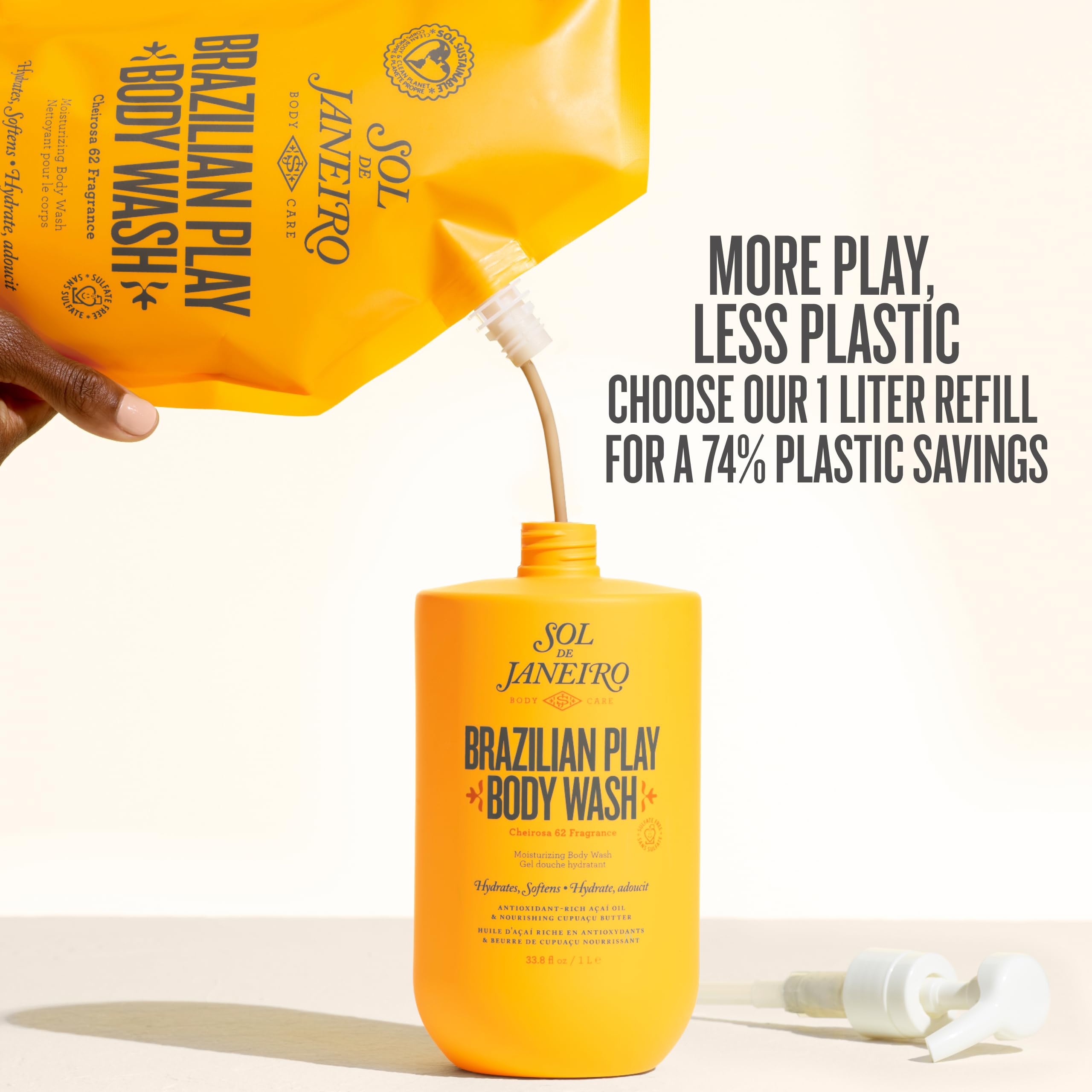 Refill pouch and bottle together to promote reduced plastic use and cost savings