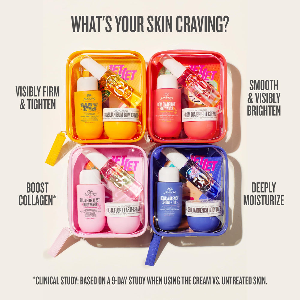 Sol de Janeiro products packed in travel pouch for easy-on-the-go benefit