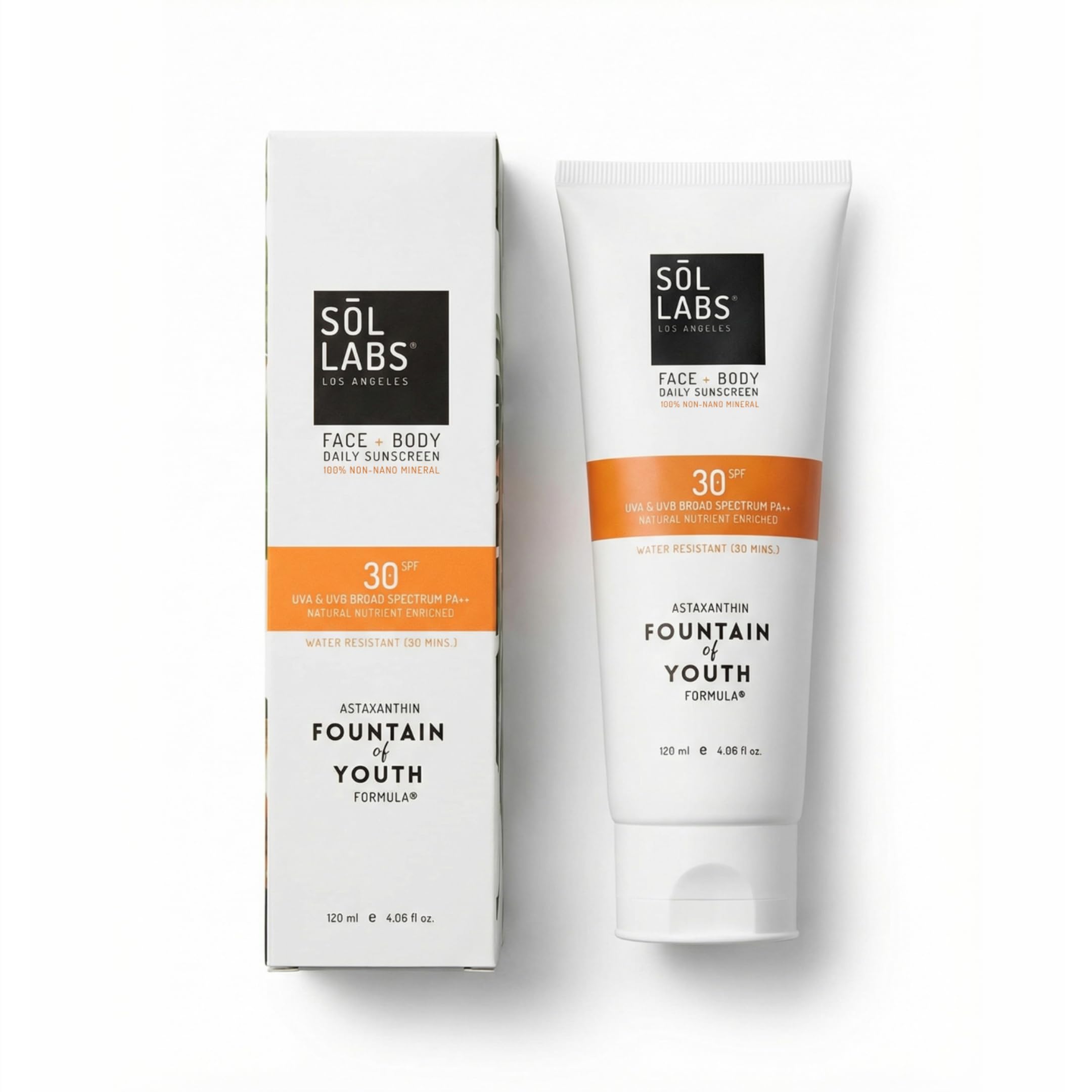 SOL LABS tube front packaging showing SPF 30 and minimalist design benefit: clear product identity