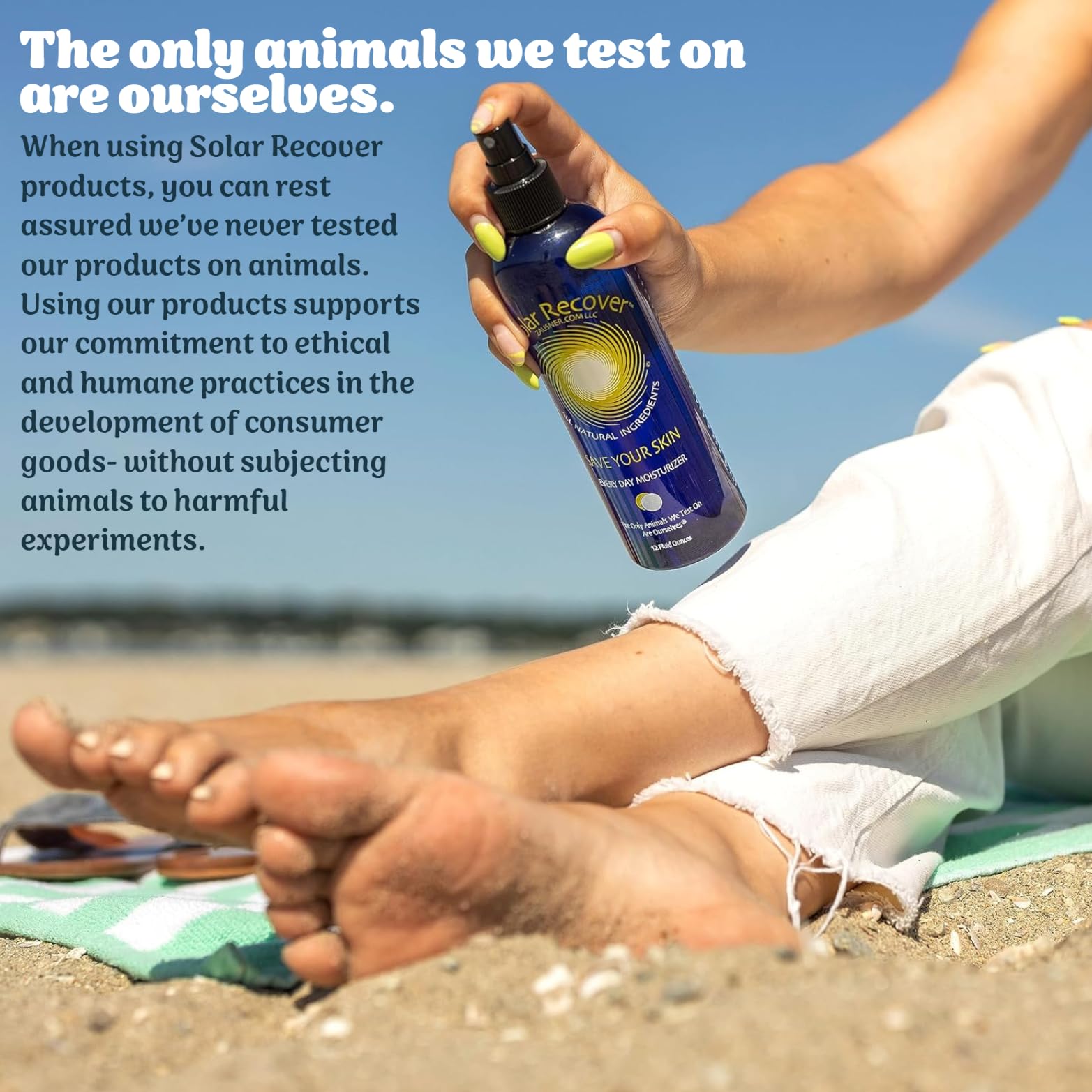 Person applying Solar Recover at the beach to shoulders demonstrating calming benefit