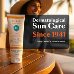 Solbar beach lifestyle use scene with person applying sunscreen and long-lasting outdoor protection benefit